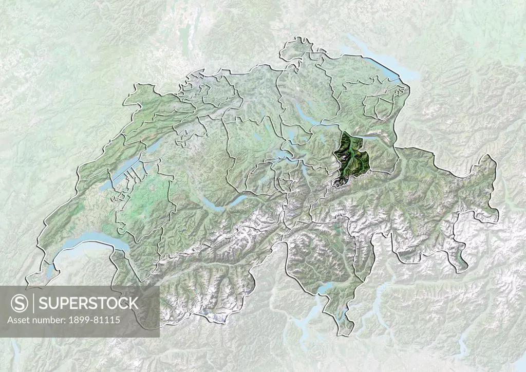 Satellite view of Switzerland with bump effect, showing the canton of Glarus. This image was compiled from data acquired by LANDSAT 5 & 7 satellites combined with elevation data.