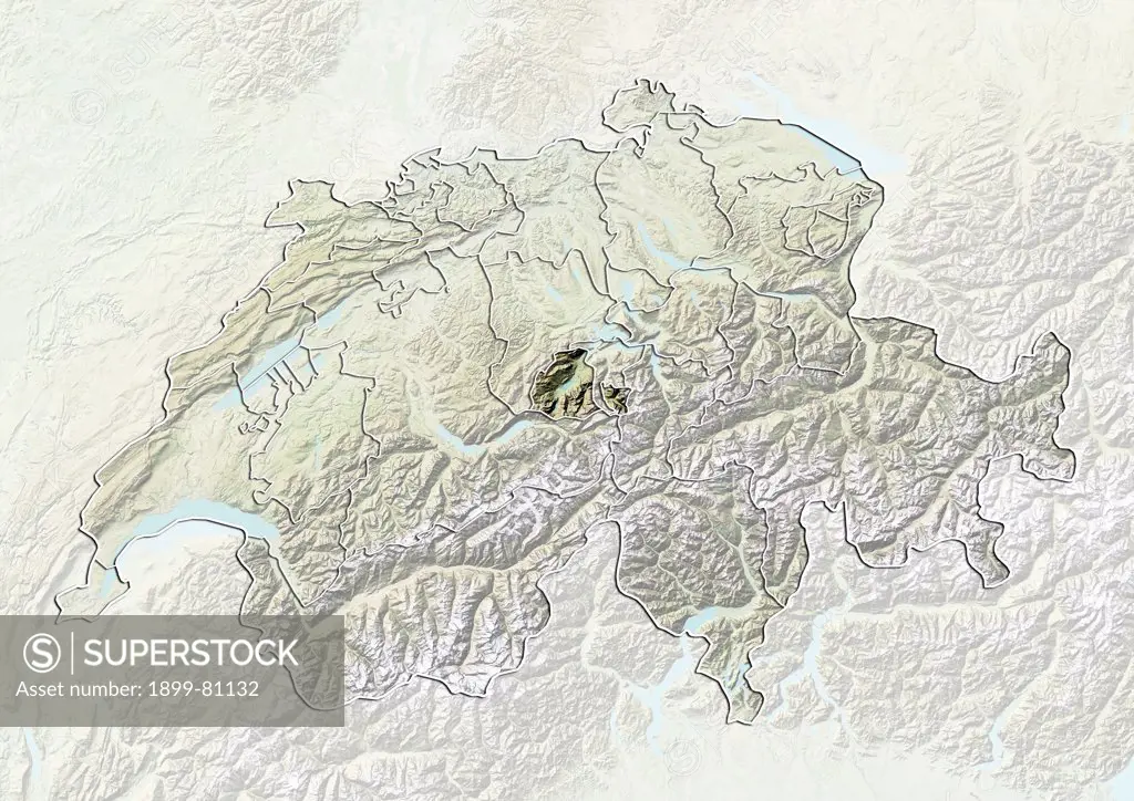 Relief map of Switzerland showing the canton of Obwalden. This image was compiled from data acquired by LANDSAT 5 & 7 satellites combined with elevation data.