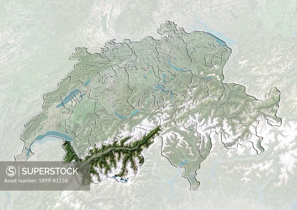 Satellite view of Switzerland showing the canton of Valais. This image was compiled from data acquired by LANDSAT 5 & 7 satellites.