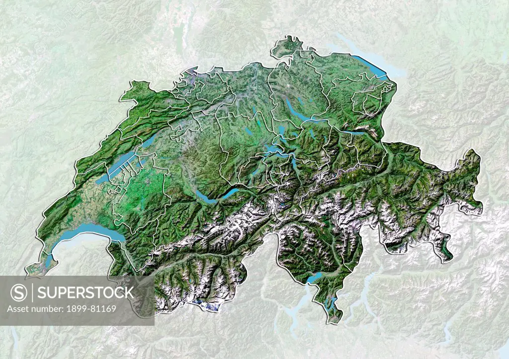 Satellite view of Switzerland with bump effect and canton boundaries. This image was compiled from data acquired by LANDSAT 5 & 7 satellites.