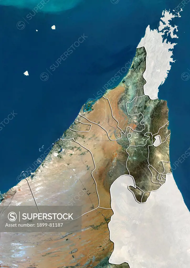 Satellite view of the Emirates of Dubai and Sharjah and Northern United Arab Emirates with boundaries. This image was compiled from data acquired by LANDSAT 5 & 7 satellites.