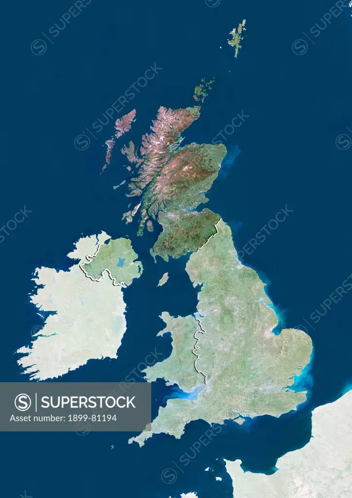 Satellite view of the United Kingdom showing Scotland. This image was compiled from data acquired by LANDSAT 5 & 7 satellites.