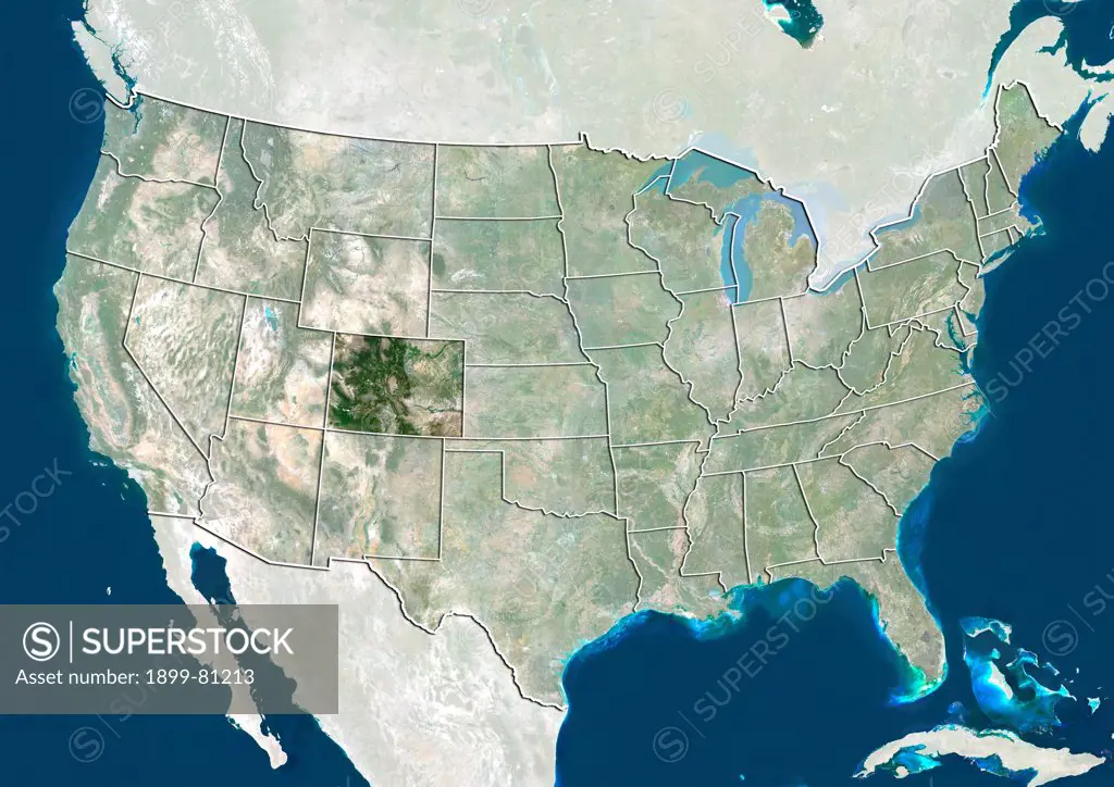 Satellite view of the United States showing the State of Colorado. This image was compiled from data acquired by LANDSAT 5 & 7 satellites.