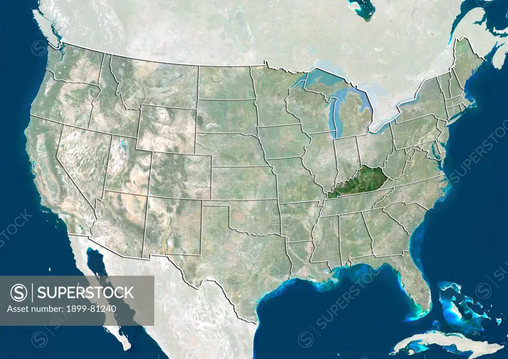 Satellite view of the United States showing the State of Kentucky. This image was compiled from data acquired by LANDSAT 5 & 7 satellites.