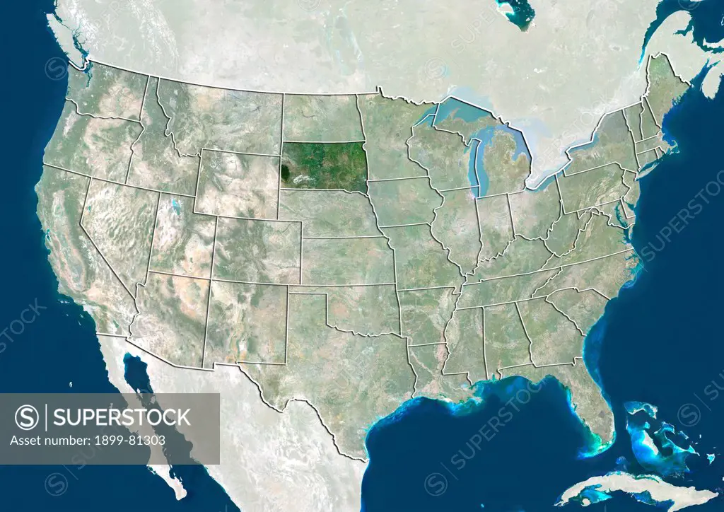 Satellite view of the United States showing the State of South Dakota. This image was compiled from data acquired by LANDSAT 5 & 7 satellites.