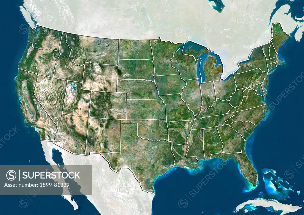 Satellite view of the United States. This image was compiled from data acquired by LANDSAT 5 & 7 satellites.