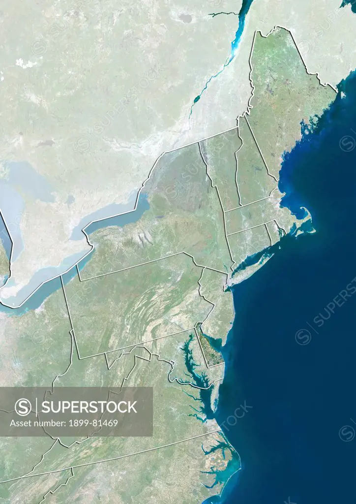 Satellite view of the State of Delaware and Northeastern United States. This image was compiled from data acquired by LANDSAT 5 & 7 satellites.