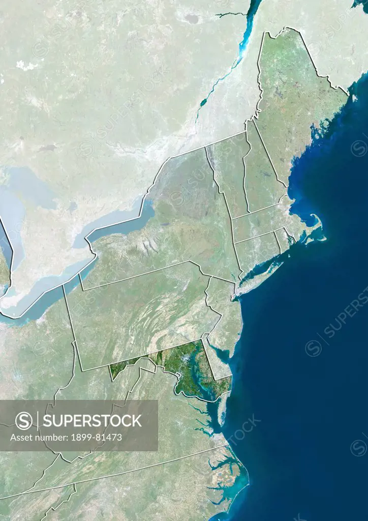 Satellite view of the State of Maryland and Northeastern United States. This image was compiled from data acquired by LANDSAT 5 & 7 satellites.
