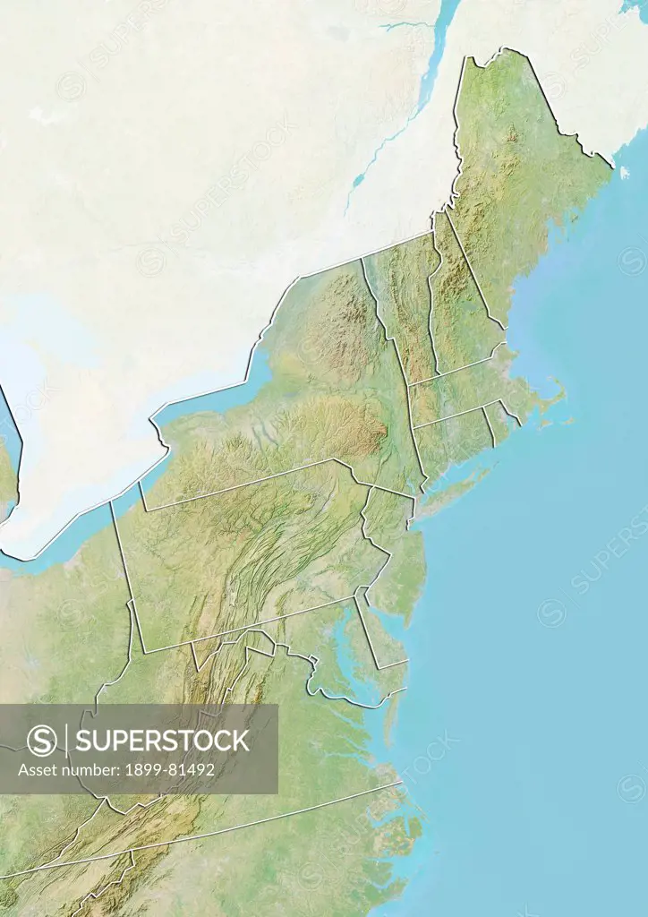 Relief map of Northeastern United States. This image was compiled from data acquired by LANDSAT 5 & 7 satellites combined with elevation data.