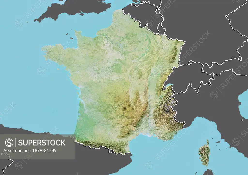 Relief map of France (with border and mask). This image was compiled from data acquired by landsat 5 & 7 satellites combined with elevation data.