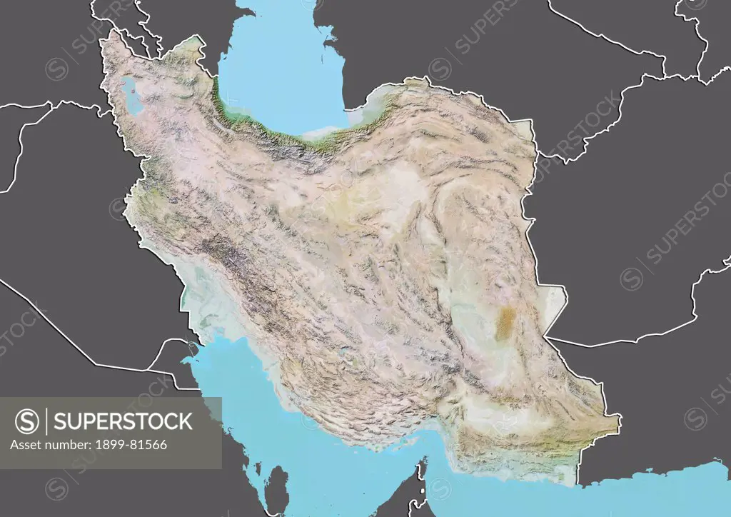 Relief map of Iran (with border and mask). This image was compiled from data acquired by landsat 5 & 7 satellites combined with elevation data.