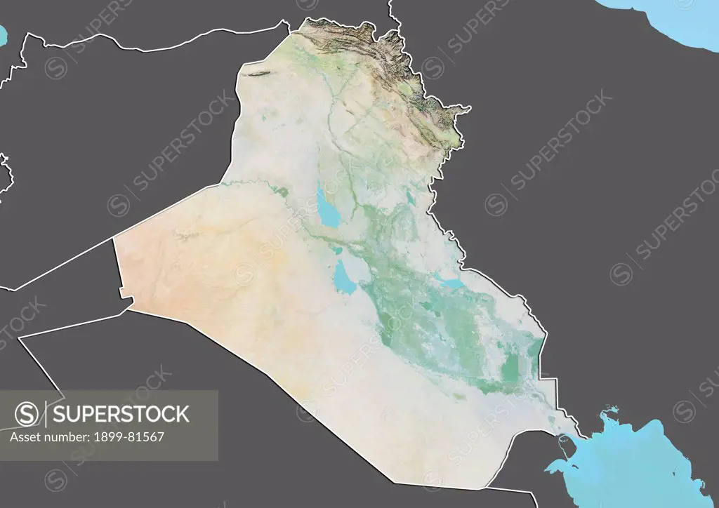 Relief map of Iraq (with border and mask). This image was compiled from data acquired by landsat 5 & 7 satellites combined with elevation data.