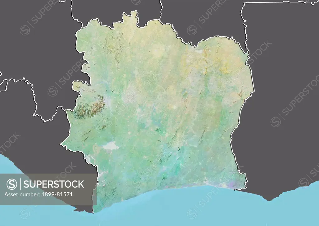 Relief map of Ivory Coast (with border and mask). This image was compiled from data acquired by landsat 5 & 7 satellites combined with elevation data.