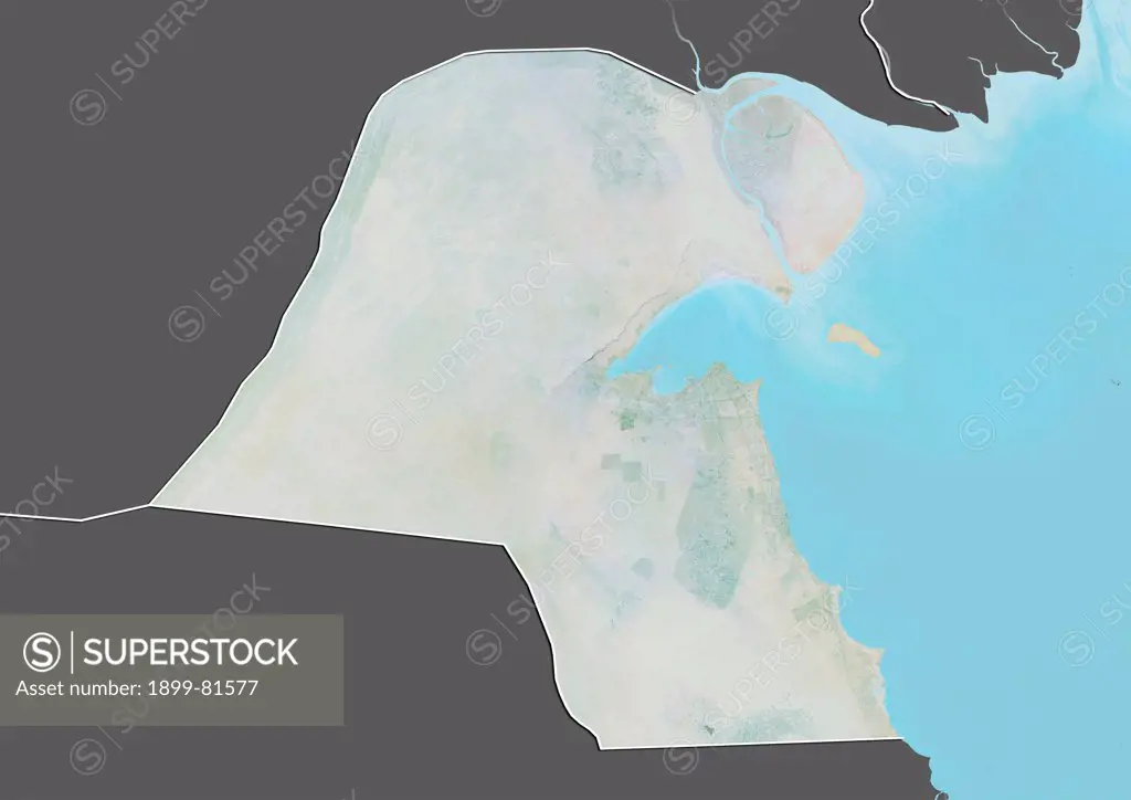 Relief map of Kuwait (with border and mask). This image was compiled from data acquired by landsat 5 & 7 satellites combined with elevation data.