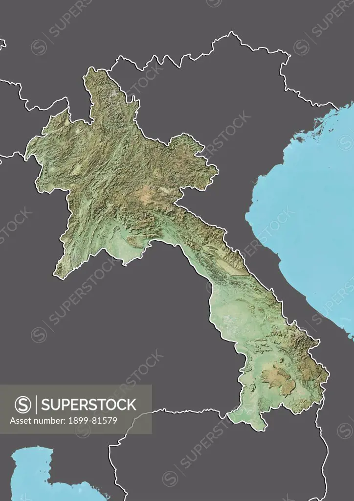 Relief map of Laos (with border and mask). This image was compiled from data acquired by landsat 5 & 7 satellites combined with elevation data.
