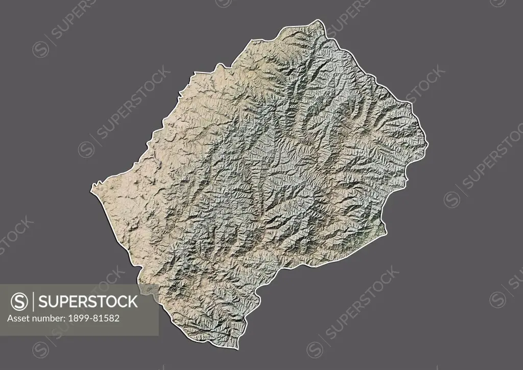 Relief map of Lesotho (with border and mask). This image was compiled from data acquired by landsat 5 & 7 satellites combined with elevation data.