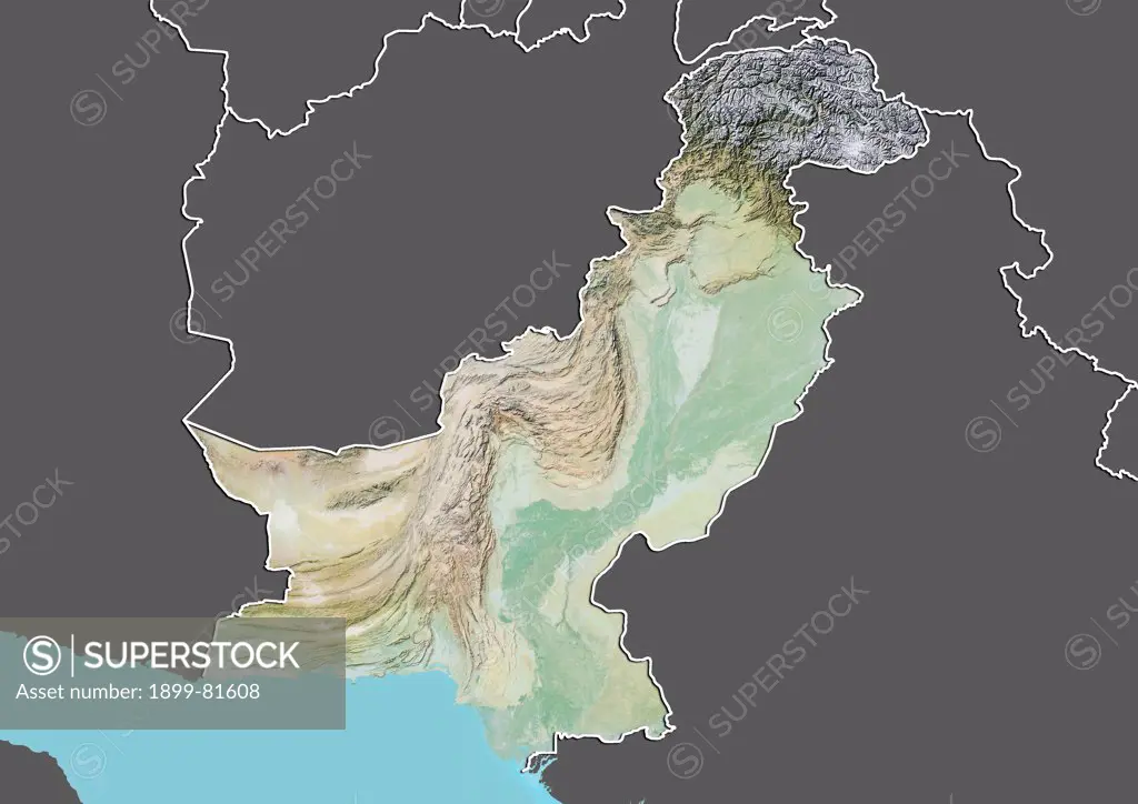 Relief map of Pakistan (with border and mask). This image was compiled from data acquired by landsat 5 & 7 satellites combined with elevation data.