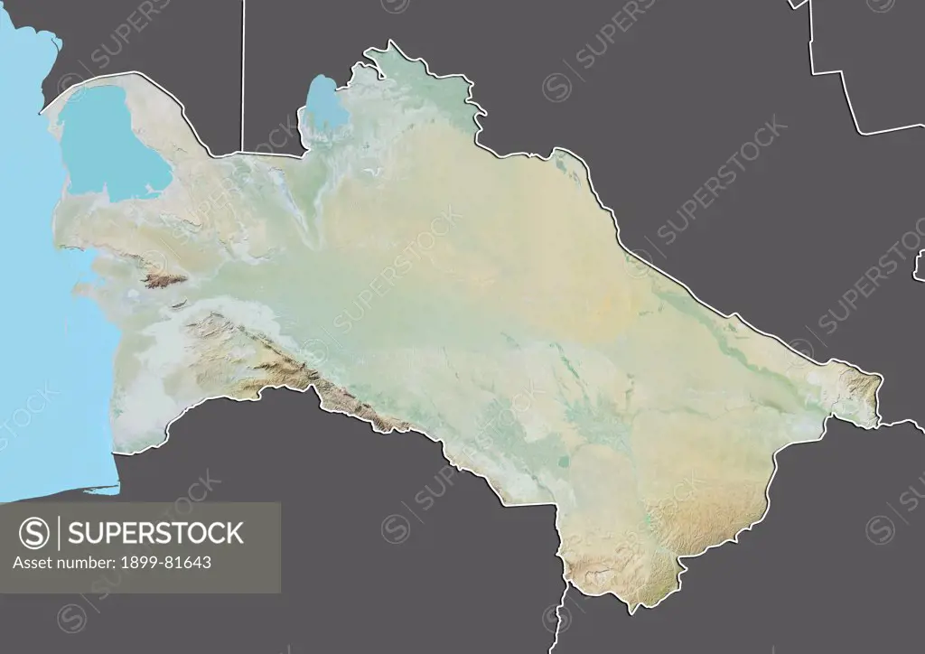 Relief map of Turkmenistan (with border and mask). This image was compiled from data acquired by landsat 5 & 7 satellites combined with elevation data.