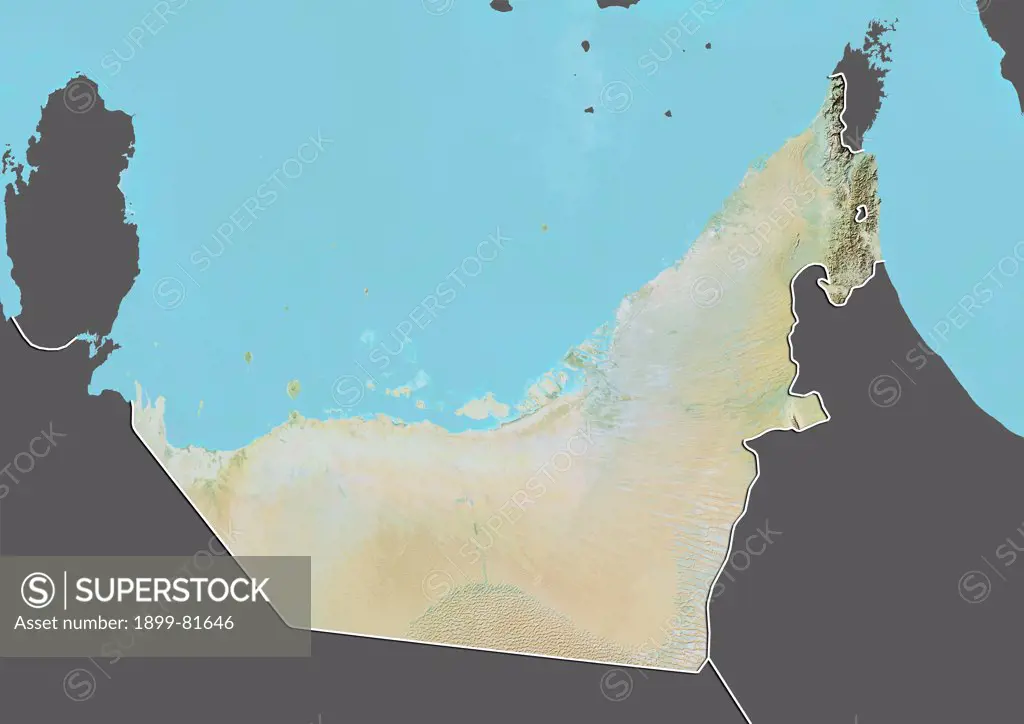 Relief map of the United Arab Emirates (with border and mask). This image was compiled from data acquired by landsat 5 & 7 satellites combined with elevation data.