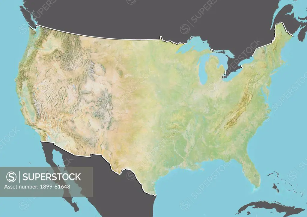 Relief map of the United States (with border and mask). This image was compiled from data acquired by landsat 5 & 7 satellites combined with elevation data.
