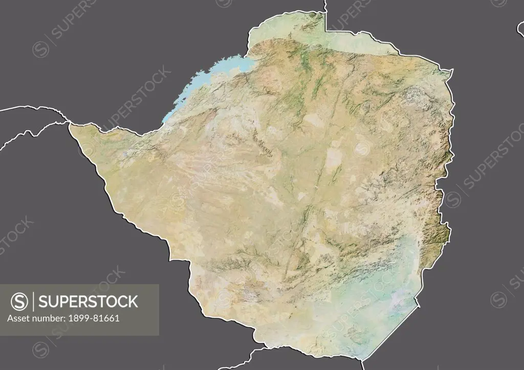 Relief map of Zimbabwe (with border and mask). This image was compiled from data acquired by landsat 5 & 7 satellites combined with elevation data.