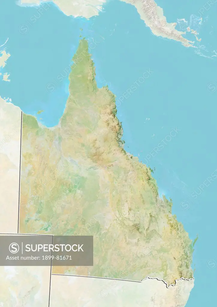 Relief map of the State of Queensland, Australia. This image was compiled from data acquired by LANDSAT 5 & 7 satellites combined with elevation data.