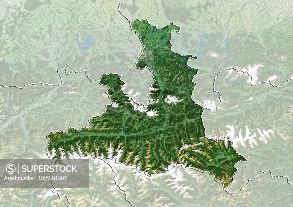 Satellite view of the State of Salzburg, Austria. This image was compiled from data acquired by LANDSAT 5 & 7 satellites.