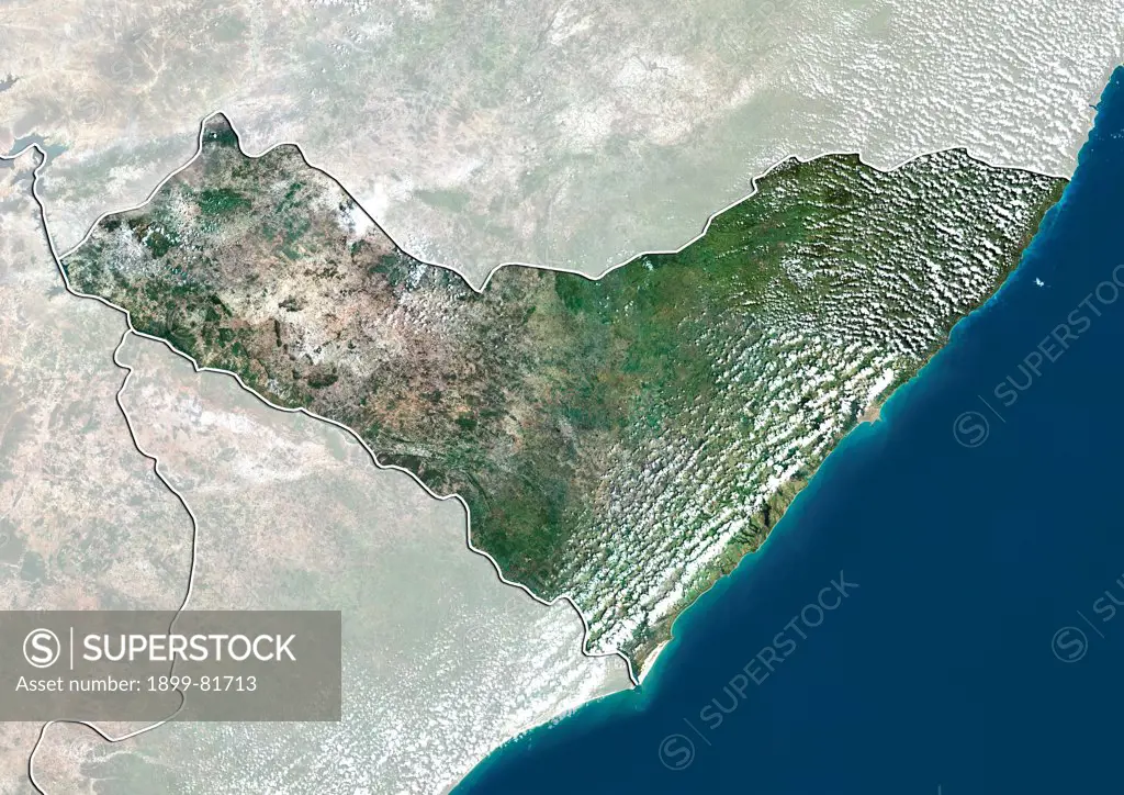 Satellite view of the State of Alagoas, Brazil. This image was compiled from data acquired by LANDSAT 5 & 7 satellites.