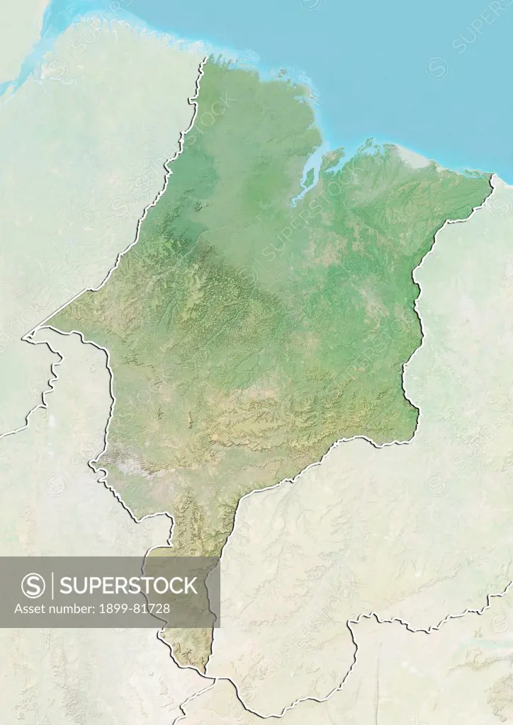 Relief map of the State of Maranhao, Brazil. This image was compiled from data acquired by LANDSAT 5 & 7 satellites combined with elevation data.