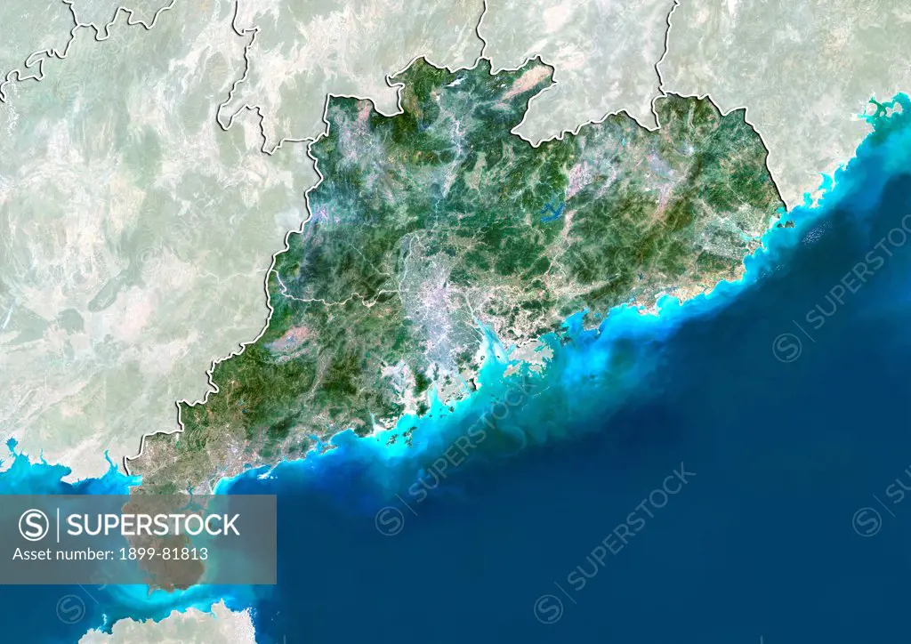 Satellite view of the province of Guangdong, China. This image was compiled from data acquired by LANDSAT 5 & 7 satellites.