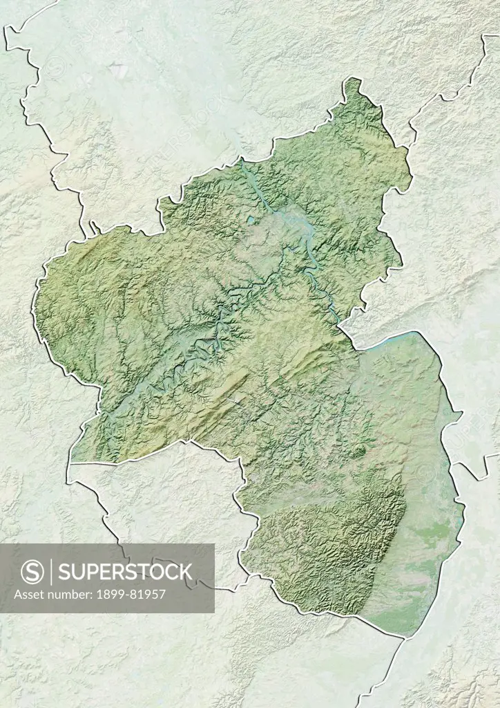 Relief map of the State of Rhineland-Palatinate, Germany. This image was compiled from data acquired by LANDSAT 5 & 7 satellites combined with elevation data.