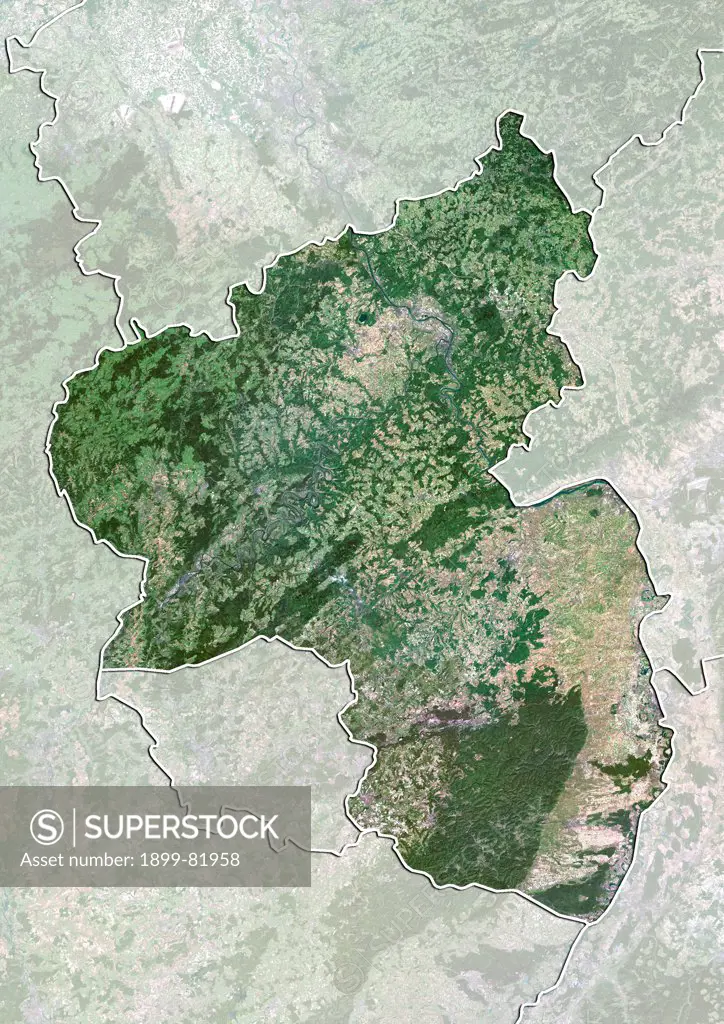 Satellite view of the State of Rhineland-Palatinate, Germany. This image was compiled from data acquired by LANDSAT 5 & 7 satellites.