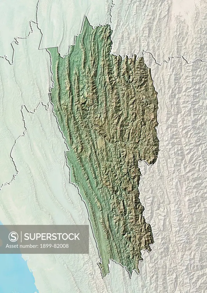 Relief map of the State of Mizoram, India. This image was compiled from data acquired by LANDSAT 5 & 7 satellites combined with elevation data.