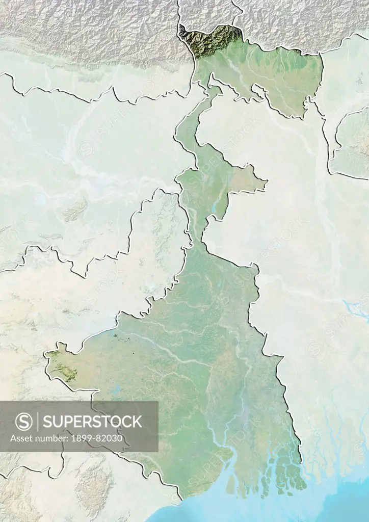 Relief map of the State of West Bengal, India. This image was compiled from data acquired by LANDSAT 5 & 7 satellites combined with elevation data.