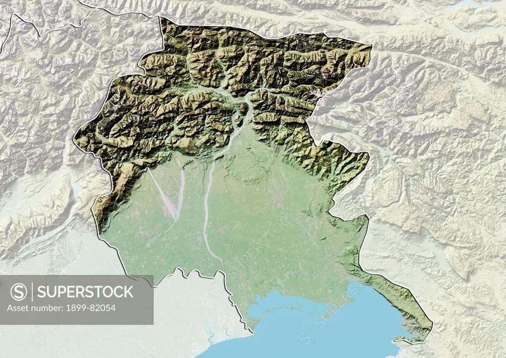 Relief map of the region of Friuli-Venezia Giulia, Italy. This image was compiled from data acquired by LANDSAT 5 & 7 satellites combined with elevation data.