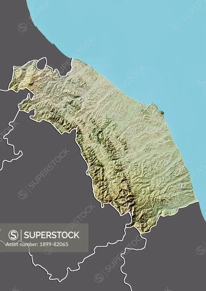 Relief map of the region of Marche, Italy. This image was compiled from data acquired by LANDSAT 5 & 7 satellites combined with elevation data.