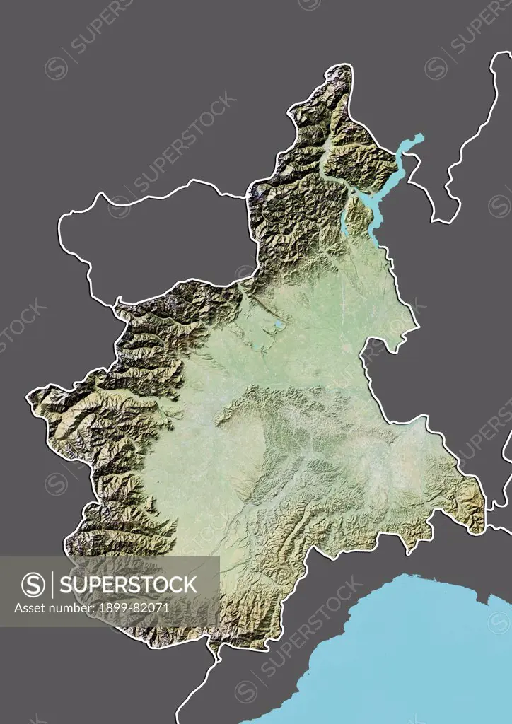 Relief map of the region of Piedmont, Italy. This image was compiled from data acquired by LANDSAT 5 & 7 satellites combined with elevation data.