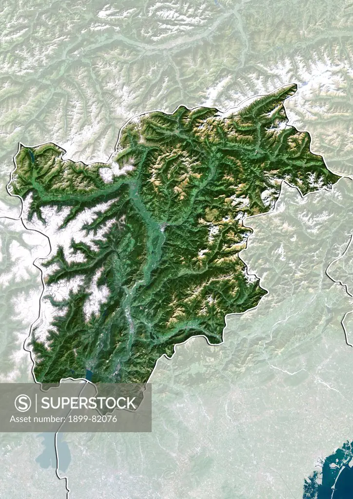 Satellite view of the region of Trentino-Alto Adige, Italy. This image was compiled from data acquired by LANDSAT 5 & 7 satellites.