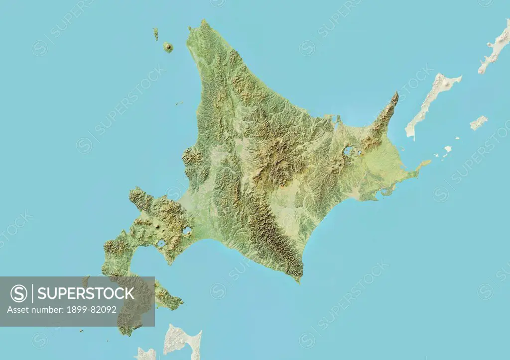 Relief map of the region of Hokkaido, Japan. This image was compiled from data acquired by LANDSAT 5 & 7 satellites combined with elevation data.