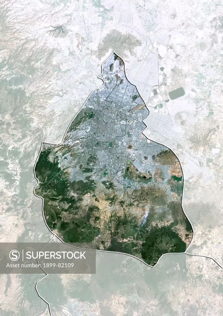 Satellite view of Mexico City, Mexico. This image was compiled from data acquired by LANDSAT 5 & 7 satellites.