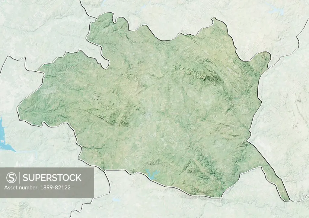 Relief map of the district of Evora, Portugal. This image was compiled from data acquired by LANDSAT 5 & 7 satellites combined with elevation data.