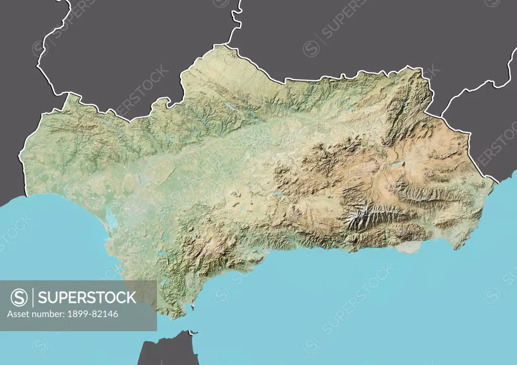 Relief map of Andalusia, Spain. This image was compiled from data acquired by LANDSAT 5 & 7 satellites combined with elevation data.