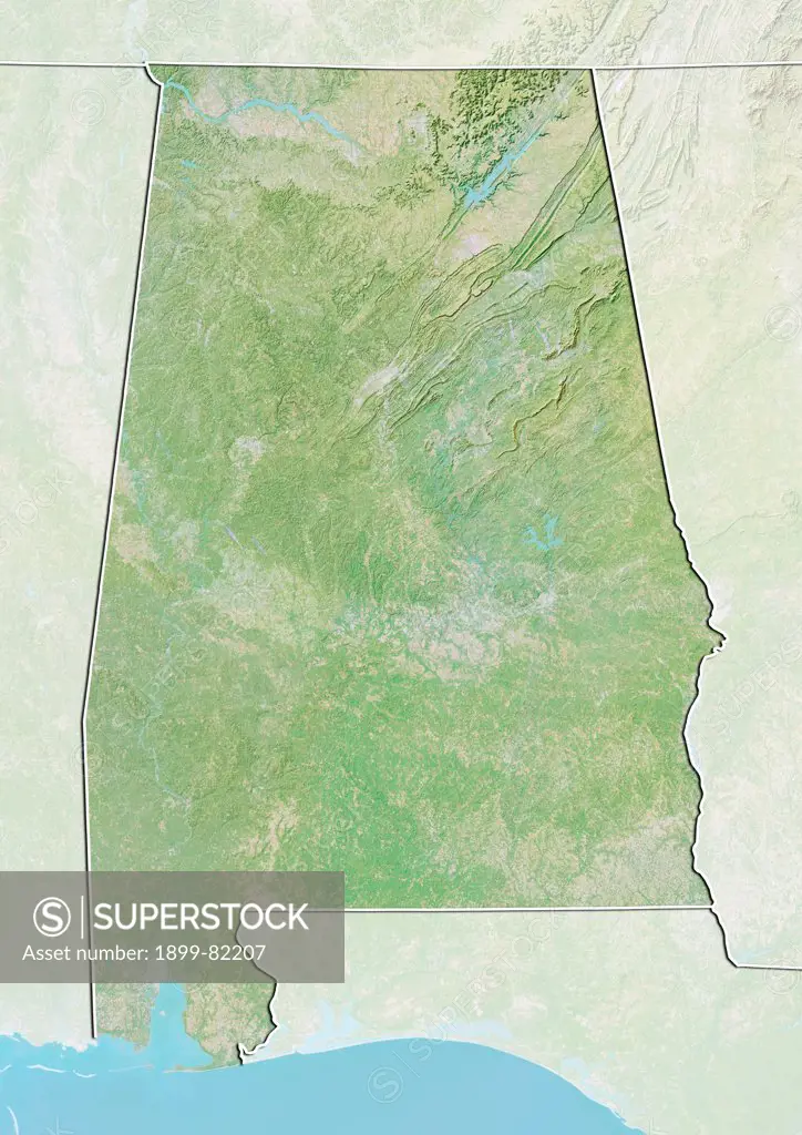 Relief map of the State of Alabama, United States. This image was compiled from data acquired by LANDSAT 5 & 7 satellites combined with elevation data.