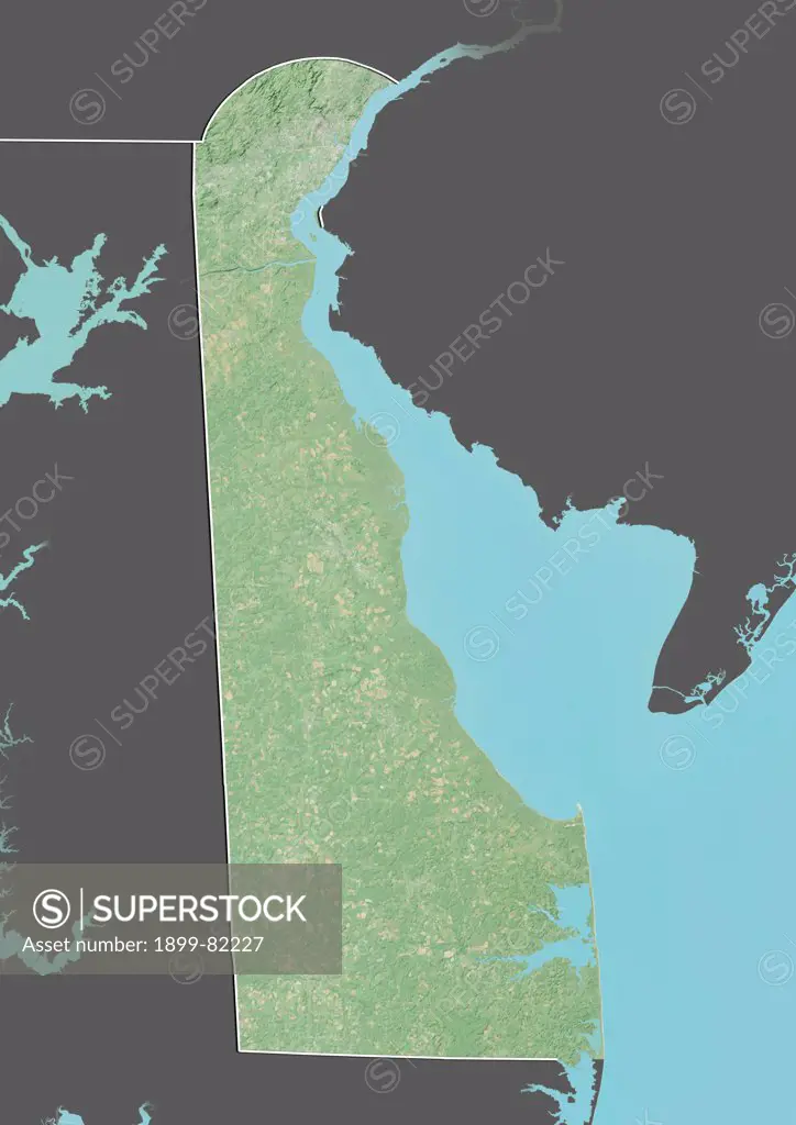 Relief map of the State of Delaware, United States. This image was compiled from data acquired by LANDSAT 5 & 7 satellites combined with elevation data.