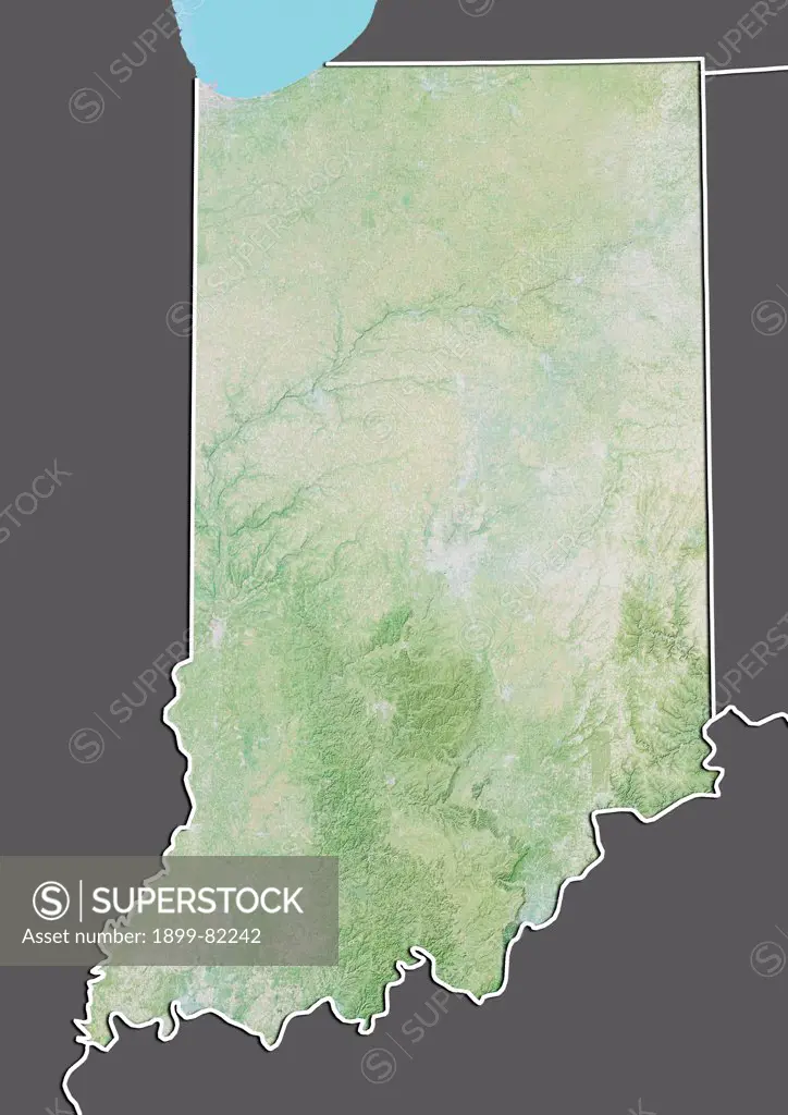 Relief map of the State of Indiana, United States. This image was compiled from data acquired by LANDSAT 5 & 7 satellites combined with elevation data.