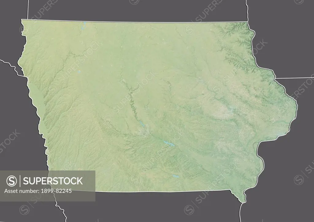 Relief map of the State of Iowa, United States. This image was compiled from data acquired by LANDSAT 5 & 7 satellites combined with elevation data.