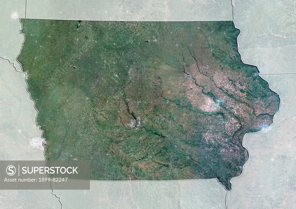 Satellite view of the State of Iowa, United States. This image was compiled from data acquired by LANDSAT 5 & 7 satellites.