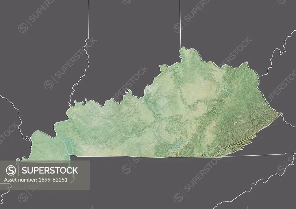 Relief map of the State of Kentucky, United States. This image was compiled from data acquired by LANDSAT 5 & 7 satellites combined with elevation data.