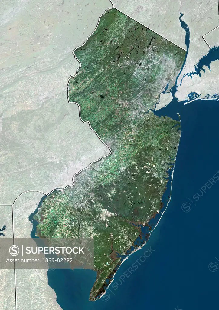 Satellite view of the State of New Jersey, United States. This image was compiled from data acquired by LANDSAT 5 & 7 satellites.