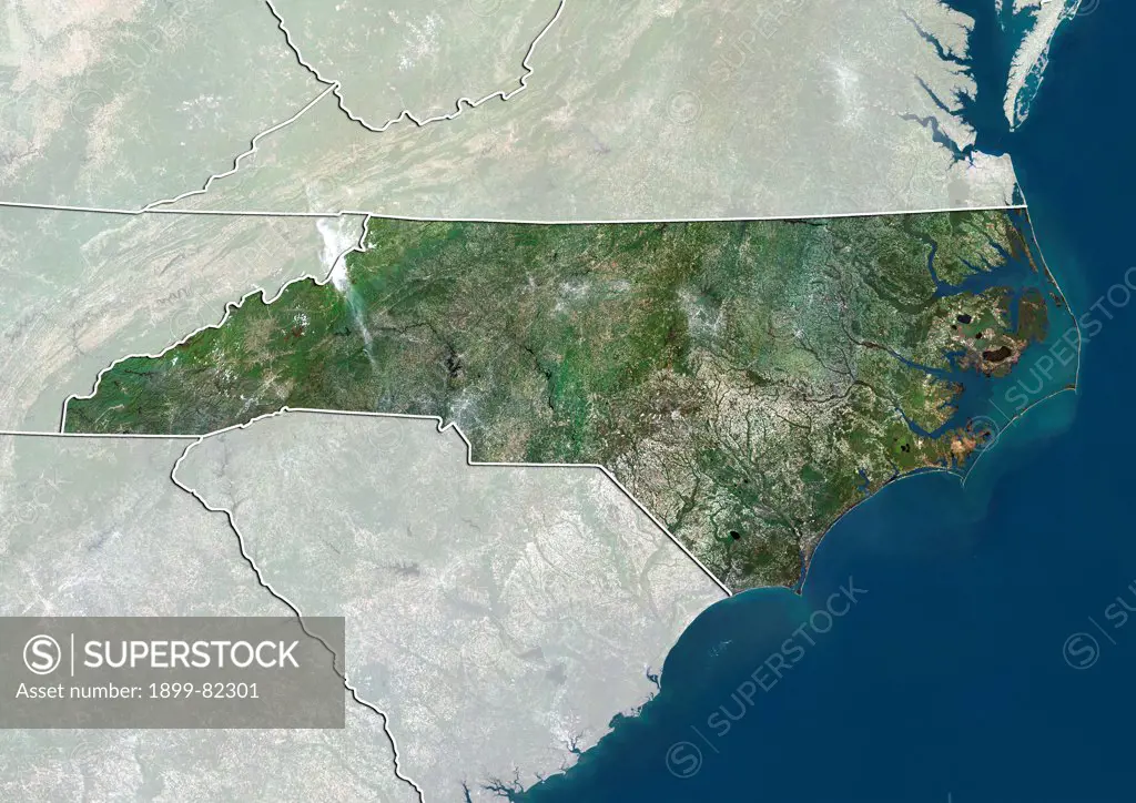 Satellite view of the State of North Carolina, United States. This image was compiled from data acquired by LANDSAT 5 & 7 satellites.